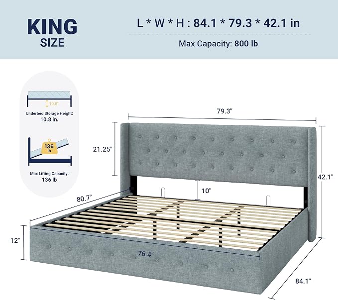 Allewie King Size Lift Up Storage Button-Tufted Bed Frame Blue Grey | Modern Wingback Headboard, Hydraulic Support Storage, No Box Spring Needed
