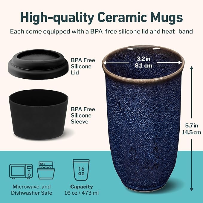 NOVA CERAMICS Coffee Tumbler – Travel Mug - On the Go Coffee Mug – Microwave & Dishwasher Safe Green Coffee Tumbler - Gifts For Women Men Him Her – 16oz – Abyss