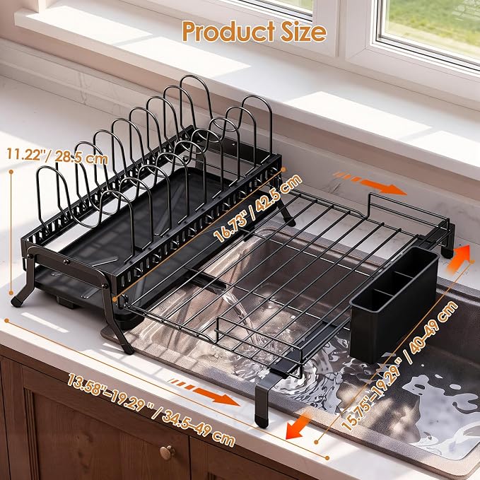 Housolution Large Expandable Dish Drying Rack for Kitchen Counter, Black | Rustproof, 9 Slots for Pan, Lid, Cutting Board, Utensil Holder, Adjustable Support Legs, Rotating Spout, Draining Tray
