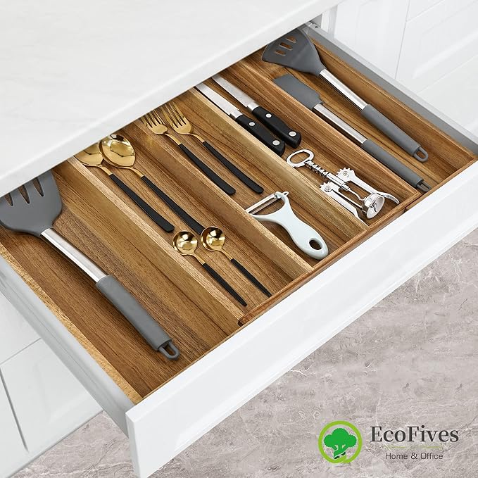 EcoFives Luxury Acacia Silverware Organizer -Kitchen Drawer Organizer - Utensil Holder and Cutlery Organizer with Grooved Drawer Dividers for Flatware and Kitchen Utensils (5 Slot)