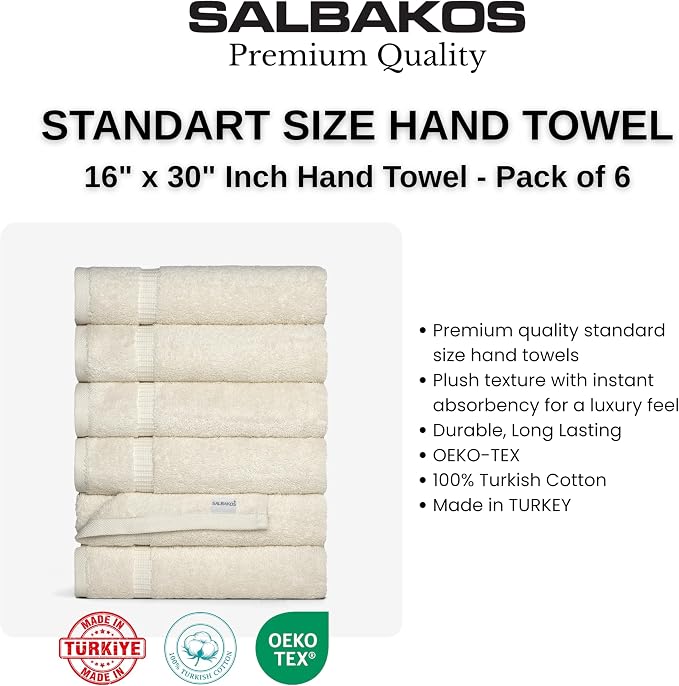 SALBAKOS 6-Piece 100% Turkish Cotton Hand Towels, 16x30 inch, Ivory | Large Size Thick Super Soft Highly Absorbent, Versatile Hair Face & Hand Drying Towel, Premium Hotel Quality Made in Turkey