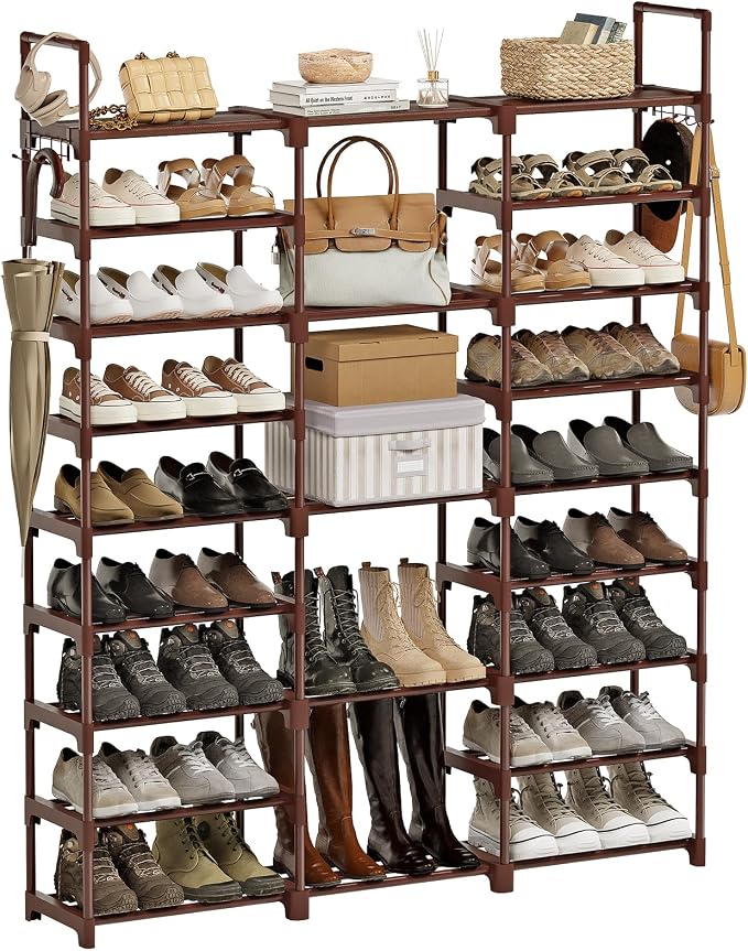 WOWLIVE 9 Tiers Shoe Rack Shoe Storage Shoe Organizer 30-35 Pairs Shoe Tower Unit Shelf Durable Metal Pipes with Plastic Connectors Stackable Cabinet Brown