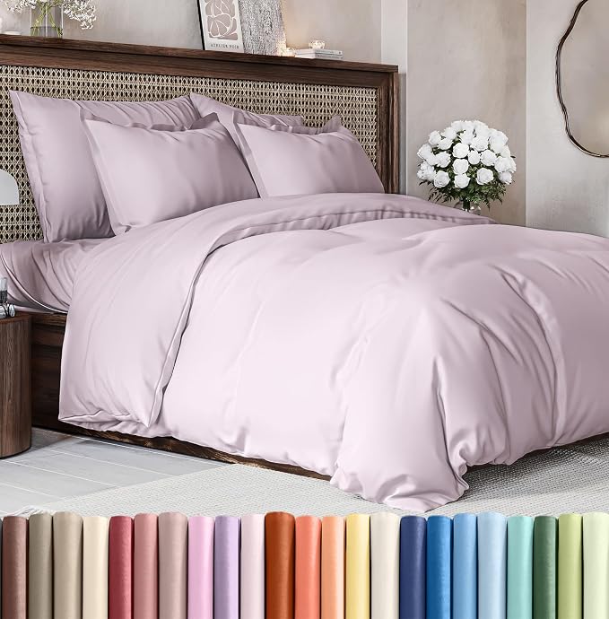 Duvet Cover Queen Size Set - Extra Soft Queen Size Duvet Cover 90 x 90 with 2 Pillow Shams - Hotel Luxury Easy Care and Fade Free w/Zipper Closures & Ties - Breathable Bedding Set (Light Lavender)