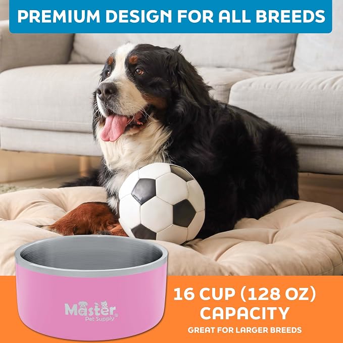 Master Pet Supply Stainless Steel Dog Bowls - 128 oz, Heavy Duty - Hyper Pink, Double Wall Extra-Thick Insulated, Non-Slip Pet Water Bowl for Dogs, Cats & Pets, Anti Rust Metal, Dish Washer Safe