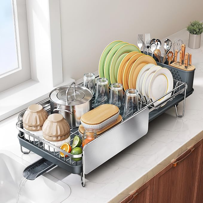 SNTD Dish Drying Rack - Large Dish Racks for Kitchen Counter, Expandable Dish Drainers with Cutlery Holder Stainless Steel Rustproof (Silver)