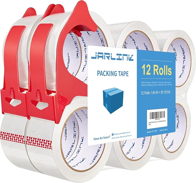 JARLINK 12 Rolls Clear Packing Tape with 2 Dispensers for Shipping | 2.7mil Thick, 1.88 Inches Wide, 55 Yards per Roll, Total 660 Yards, Comes with 2 Tape Dispensers