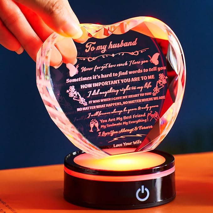 Romantic Crystal Gifts for Husband, I Love You Keepsake with Colorful LED Base, Best Anniversary & Birthday Present for Him,Fathers Day Valentine's Day Christmas Gift Ideas for My Man