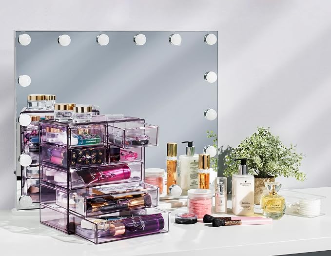 Sorbus Acrylic Makeup Organizer Set, 7-Drawer Vanity & Countertop Cosmetic Storage with Small & Wide Drawers, Purple Makeup Storage for Brushes, Lipsticks, Jewelry – Holiday Gift for Women & Teens
