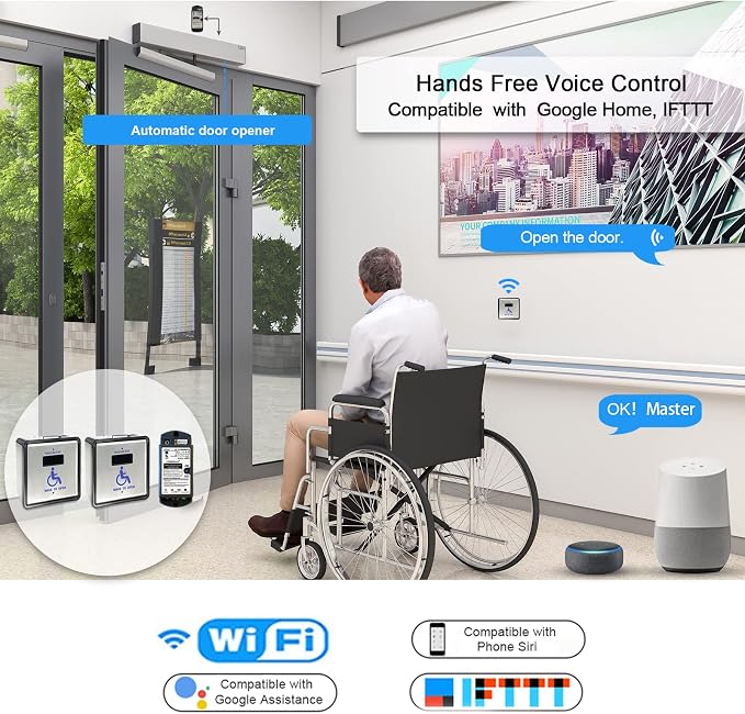 Handicap Door Opener Touch Free Open Door,with Touchless Wireless Square 4.5'' Handicap Push Buttons Wave Sensor to Open Olide-512N