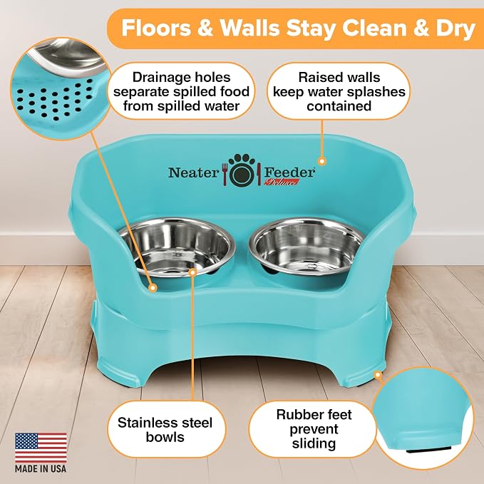 Neater Pet Brands Neater Feeder Deluxe Mess Proof Dog Bowls Elevated for Medium Dogs 19-40 lbs, Made in USA, No Spill Raised Dog Food Bowl Stand Feeding Station, Food and Water Bowl Set, Aquamarine