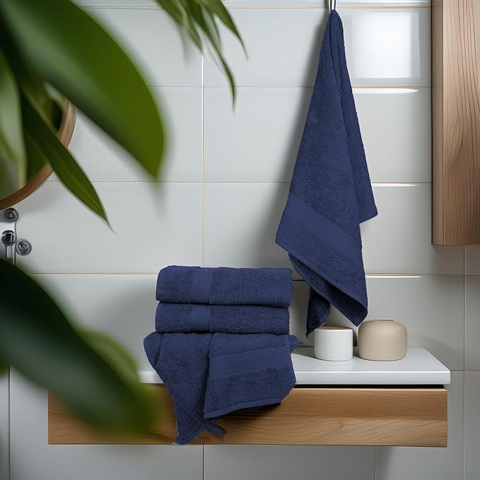 Large Bath Towels Set of 6 – 100% Cotton Terry – 24" x 50" – Quick Dry, Soft & Highly Absorbent – Navy Blue Towels for Bathroom, Gym, Spa, Pool & Daily Use