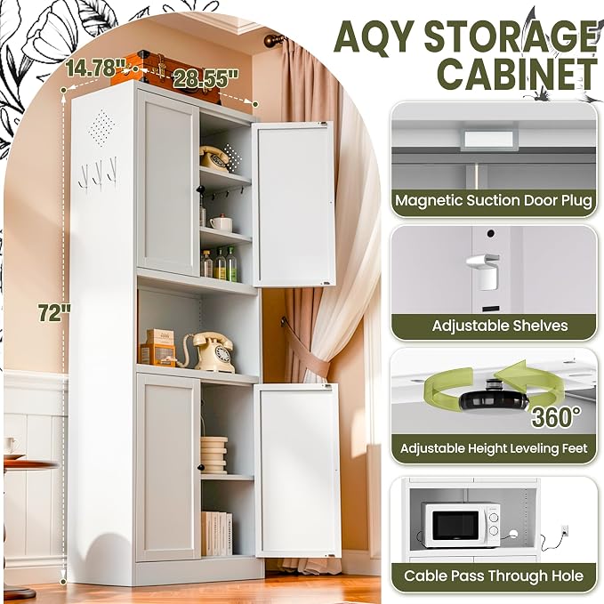 AQY Metal Pantry Cabinet, 72" White Kitchen Storage Cabinet with Doors | Microwave Stand 3 Adjustable Shelves Freestanding Storage Metal Cabinet Kitchen Organization