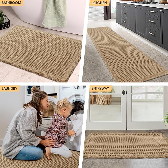 IM HOME Waffle Bath Mat Set 3 Piece Beige,Woven Modern Bath Rug Mats, Absorbent Non Slip Bath Floor Mat, Soft Washable Boho Bath Rugs with Tassels for Bathroom, Bedroom, Kitchen,Tub