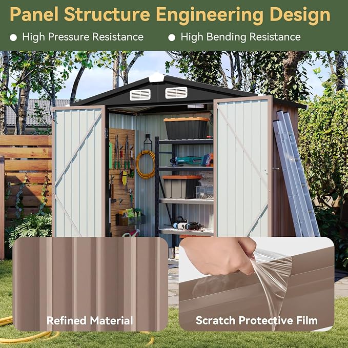 Aoxun 6'x4' Outdoor Storage Shed with Base, Brown | Metal Shed with Lockable Doors & Slooping Roof Garden Tool Shed for Backyard, Patio, Poolside