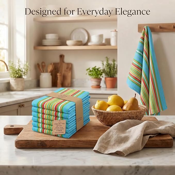 Urban Villa Kitchen Towels Waffle Stripes Dish Towels for Kitchen Azure Color Set of 6 Kitchen Towels Highly Absorbent Cotton Over Sized 20X30 in with Mitered Corners Kitchen Hand Tea Towels