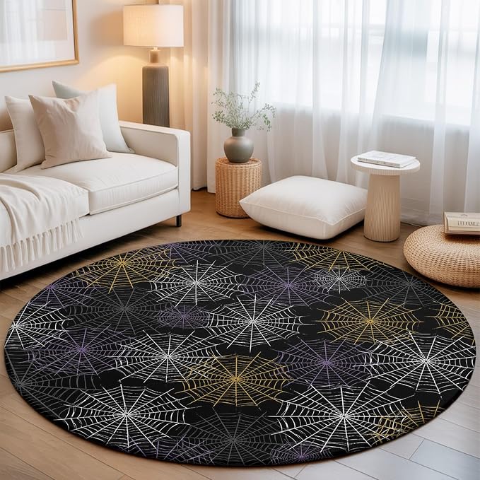 Round Area Rug 5', Black Halloween Washable Area Rugs for Living Room Kitchen Bedroom Nursery Dining Room, Purple White Yellow Net Classic Black Non Slip Door Mat Indoor Floor Throw Circle Carpet