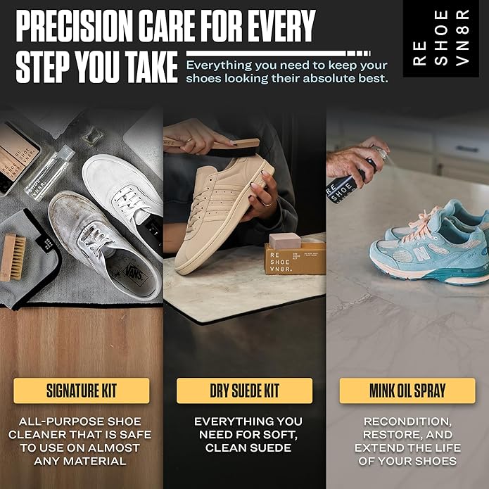 RESHOEVN8R Ultimate Sneaker Care Kit – Complete Cleaning Bundle with Mink Oil Spray, Signature Cleaning Kit & Dry Suede Kit – Deep Clean, Condition & Protect All Shoe Materials