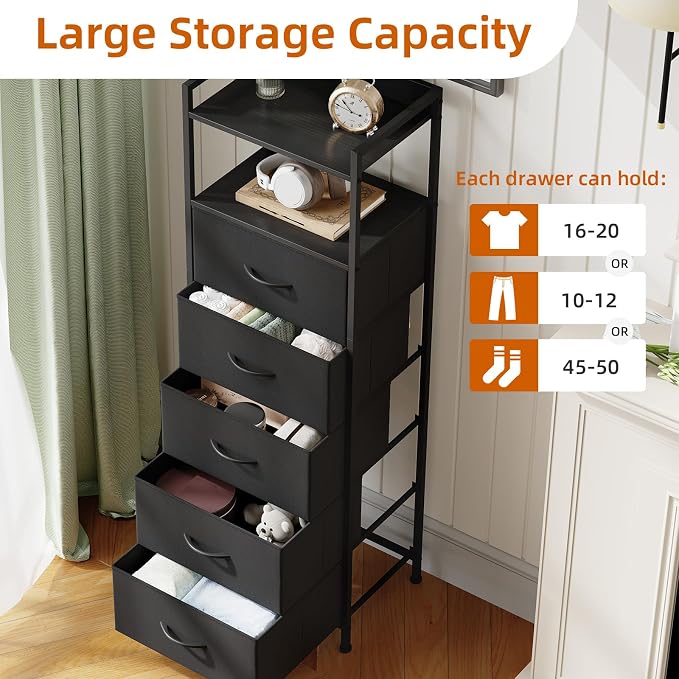 Somdot Tall Dresser for Bedroom, 5 Drawers Nightstand Vertical Storage Tower Unit, Night Stand Furniture with Fabric Drawer Organizer in Bedside Hallway, Entryway, Kids Room, Closet, Black