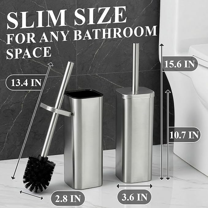 Toilet Brush with Square Holder - Toilet Brush and Holder Set Silver, Stainless Steel Handle with Splash Shield, Replaceable Head and Removable Inner Cup - Freestanding Bathroom Toilet Cleaning Set