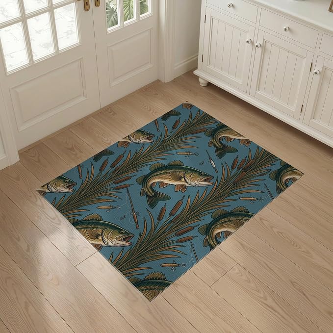 3'x5' Washable Area Rug Bass Lake Lure Tackle Reeds Border Motif Angler Fish Fishing Refined Structured for Home Office, Hallway, Laundry Room, Non-Slip Chair-Friendly