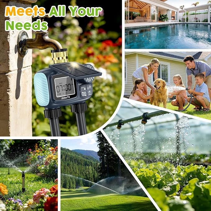 Solar Sprinkler Timer,Brass Inlet Hose Timer for Garden Hose,Programmable Water Timers,Plant Watering Devices,Garden Watering System, Rain Delay/Manual/Automatic Irrigation System, 2 Outlet