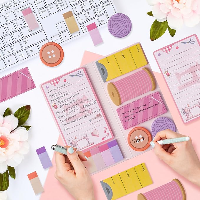 Xqumoi Retro Sewing Sticky Notes Set - Any Day Spent Sewing is A Good Day Self-Stick Note Pads Teacher Appreciation Notepads Writing Memo Pad Page Marker Back to School Office Supplies (Pink)
