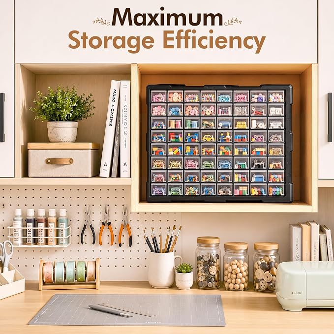 64-Drawer Organizer for Garage Building Bricks Storage,𝐓𝐡𝐢𝐜𝐤𝐞𝐫 Drawer Storage Cabinet with Dividers and Labels for Hardware,Screws,Nuts Bolts, Garage Tools,Charms,Beads,Craft,Scrapbook