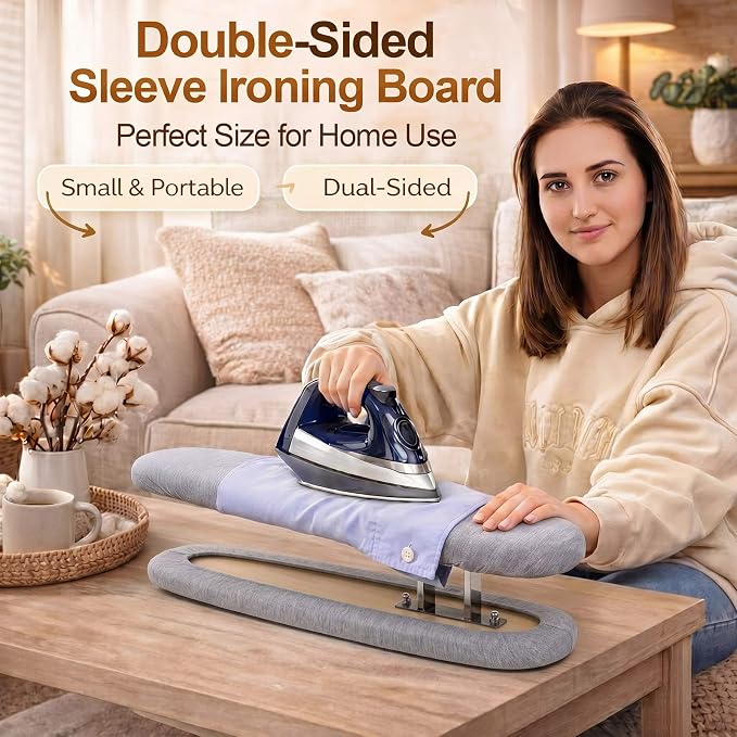 Dual Sided Sleeve Ironing Board for Sleeve Pressing,Grey | 21.6'' Mini Tabletop Board, Cotton Cover, Thick Pad, Metal Frame, Garment Care Surface for Sewing Laundry Pants Cuffs Collars
