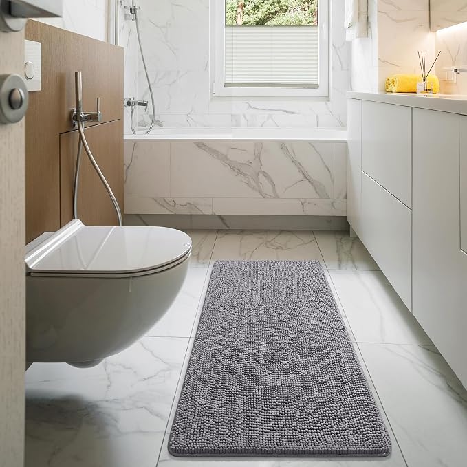 LOCHAS Luxury Bathroom Rug Shaggy Bath Mat 24 x 54 Inch, Gray | Washable Non Slip Bath Rugs for Bathroom Shower, Soft Plush Chenille Absorbent Carpets
