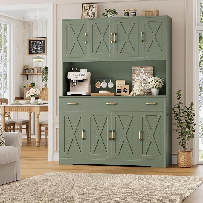 HOSTACK 71" Tall Kitchen Pantry Storage Cabinet, 55" W Kitchen Hutch, Green | Large Pantry Cabinet with Charging Station / Countertop / 3 Drawers, Farmhouse Hutch Cabinet with Storage for Dining Room