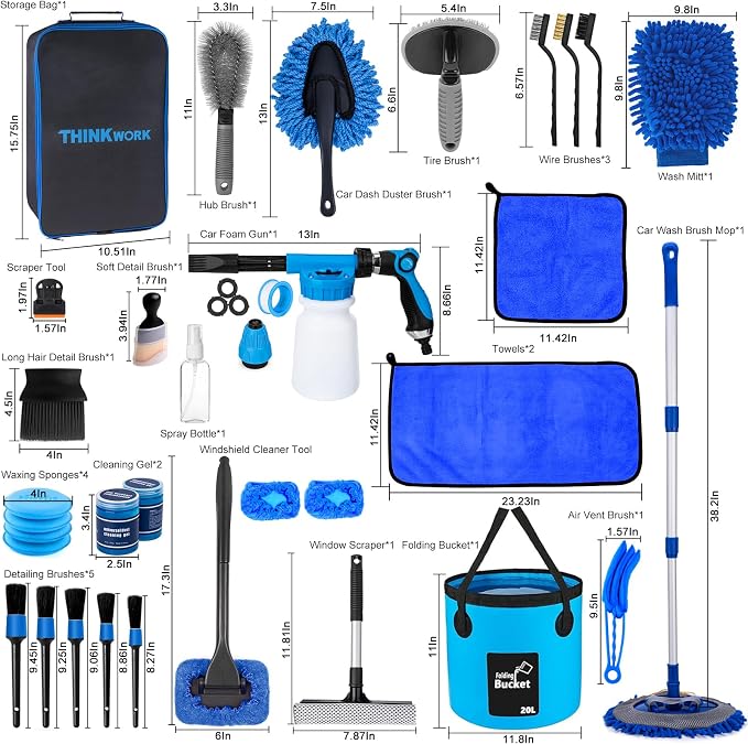 THINKWORK Car Wash Kit, Car Detailing Kit with Foam Gun, Car Wash Brush Mop and Large Folding Bucket Suitable for Car Cleaning, Blue Car Wash Set Gift for Men and Women