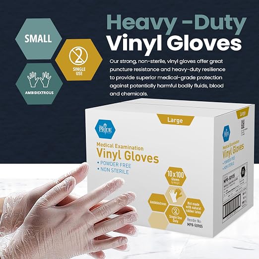 MED PRIDE Vinyl Exam Medical Gloves,Powder & Latex-Free,Large,1000-Count