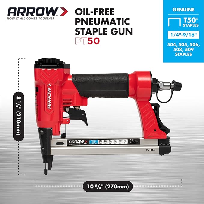 Arrow PT50 Oil-Free Pneumatic Staple Gun,Professional Heavy-Duty Stapler for Wood,Upholstery,Carpet,Wire Fencing,Fits 1/4”,5/16”,3/8",1/2",9/16” Staples,Red,(Pack of 3)