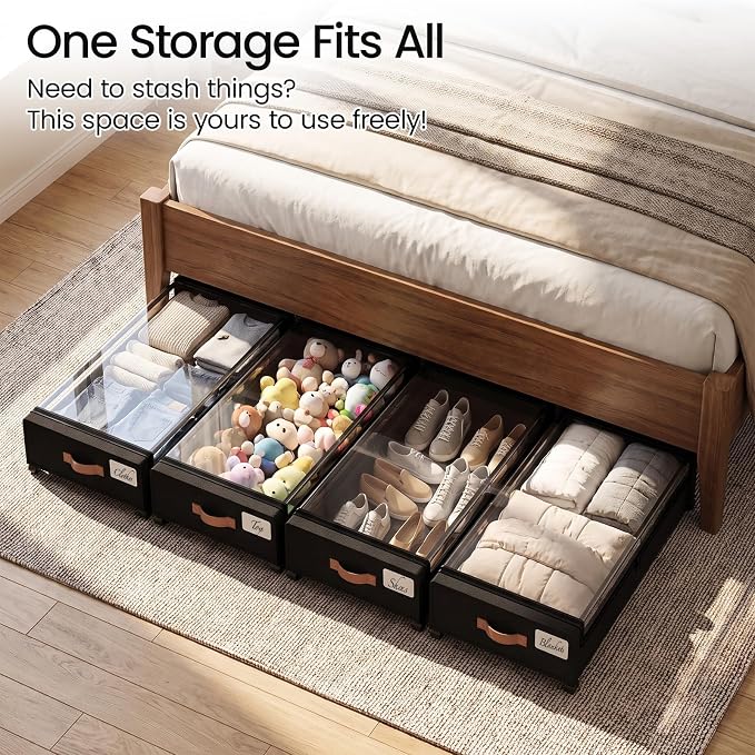 Yecaye 70L Large Under Bed Storage Containers with Wheels, 2 Pack, Black | Larger Capacity, 360° Rolling Wheels, Clear Window & Label, Sturdy Fabric, Rolling Metal Drawers for Clothes, Shoes, Blankets