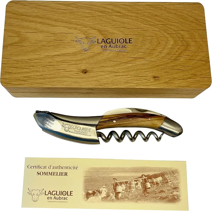 Laguiole En Aubrac Sommelier Waiter's Corkscrew, Olivewood Handle, Wine Opener With Foil Cutter & Bottle Opener, Brushed Bolster