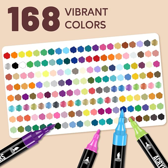 168 Colors Acrylic Paint Markers, Dual Tip Fine and Brush Tips Pens Contain 24 Metallic Color for Stone, Wood, Calligraphy, Canvas, Ceramic, Metal, Glass, Rock Painting, DIY Crafts Art Supplies Kit