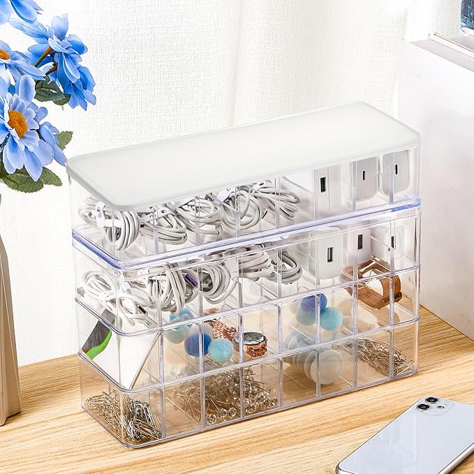Tatuo 1 Pcs Cable Organizer Box with Wire Ties, Plastic Cord Storage Box with Lid, Electronics Organizer for Home Office Desk Organizers and Accessories (Clear,White)