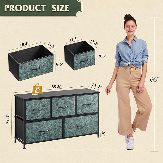 WLIVE Wide Dresser for Bedroom, 5 Drawer Chest of Drawers, Vintage Green | 5 roomy fabric drawers, Wide storage design, Bedroom or closet use, Sturdy steel frame, Smooth wood tabletop