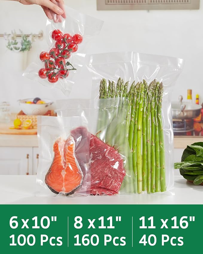 Syntus 300 Pcs Vacuum Sealer Bags for Food, 8x12+11x16+6x10, BPA Free | Precut Bags, 160 Quart + 40 Gallon + 100 Pint, Sous Vide Microwave Freezer Safe, Food Vacuum Storage, For All Vacuum Sealers