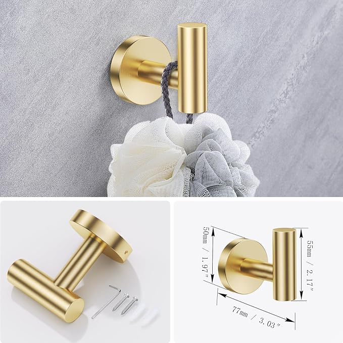 Lairuier Bathroom Hardware Set, 4-Piece Towel Holder Set Include Toilet Paper Holder,Towel Ring and 2 Towel Hooks Stainless Steel Wall Mounted Bathroom Hardware Accessories Set (Brushed Gold)