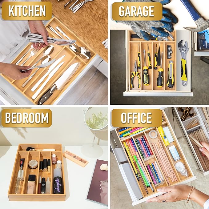 Besilord Silverware Organizer Kitchen Drawer Organizer Utensil Organizer Bamboo Silverware Holder Cutlery Organizer in Drawer Flatware Organizer Tray(5 slots, Natural