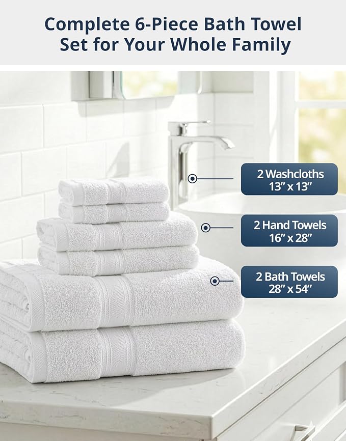 LANE LINEN Bath Towel Set 100% Cotton 6 Piece Soft Absorbent - White | Oeko-Tex Bath Towels - Zero-Twist Cotton, Terry Weave Comfort, Long-Lasting Comfort, Hotel-Style Look, Machine Washable