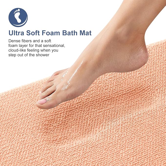 OLANLY Memory Foam Small Bathroom Rugs 24x16, Absorbent Bath Mat, Peach | Soft Quick Dry Bath Mat Rugs, Non-Slip, Machine Washable Mat for Bathroom Floor, Tub and Shower, Home Decor Accessories