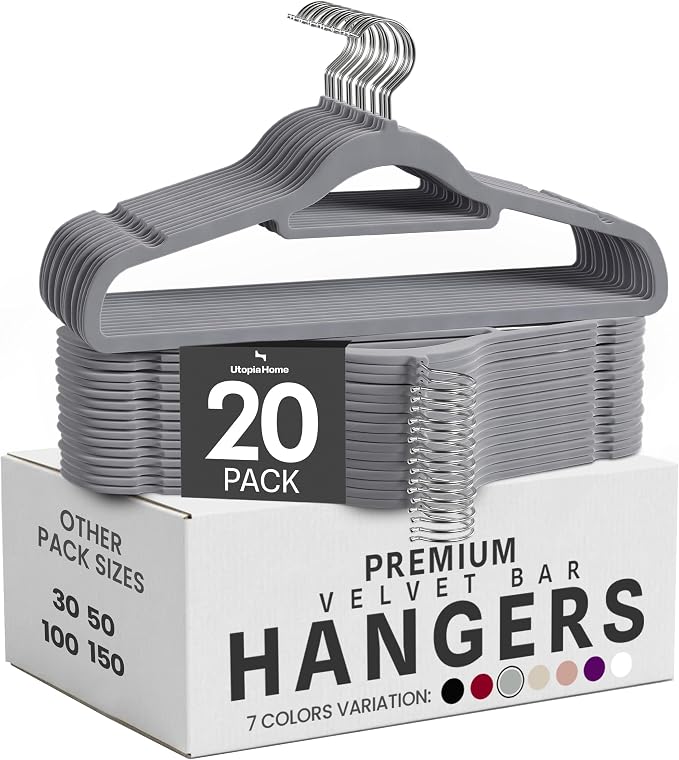 Utopia Home Velvet Hangers 20 Pack – Premium Hangers with Tie Bar - Grey | Non-Slip Slim Clothes & Coat Hangers with Tie Bar, Space-Saving Heavy Duty Design, 360° Swivel Hook