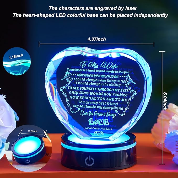 Gifts for Wife, with Colorful LED Base, I Love You Gift for Her from Husband, Best Wife Anniversary Birthday Gift Ideas, Motivational Desk Decor, Encouragement, Appreciation Gifts for Women