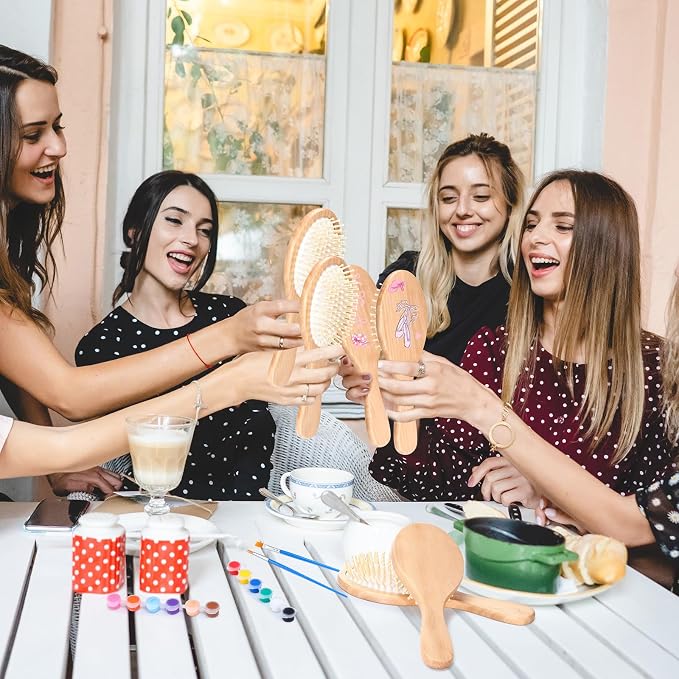 Meanplan 6 Set DIY Wooden Hairbrush Painting Kits Make Your Own Hair Brush Hand-Painted Hairbrush Night Party Supplies with Paint Brush and Palette for DIY Gift Party Crafts (Oval)