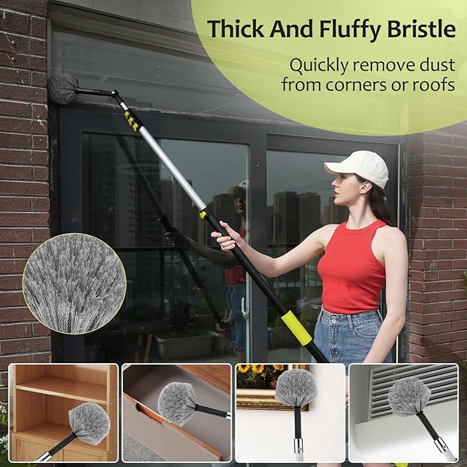 【Upgrade Anti Rotation 】 30FT High Reach Duster Kit,(18FT+6FT) Lightweight Aluminum Alloy Extension Rod,7-Piece Set,210° Steering Head Clean Various Angle,for Cleaning Ceiling,High Wall