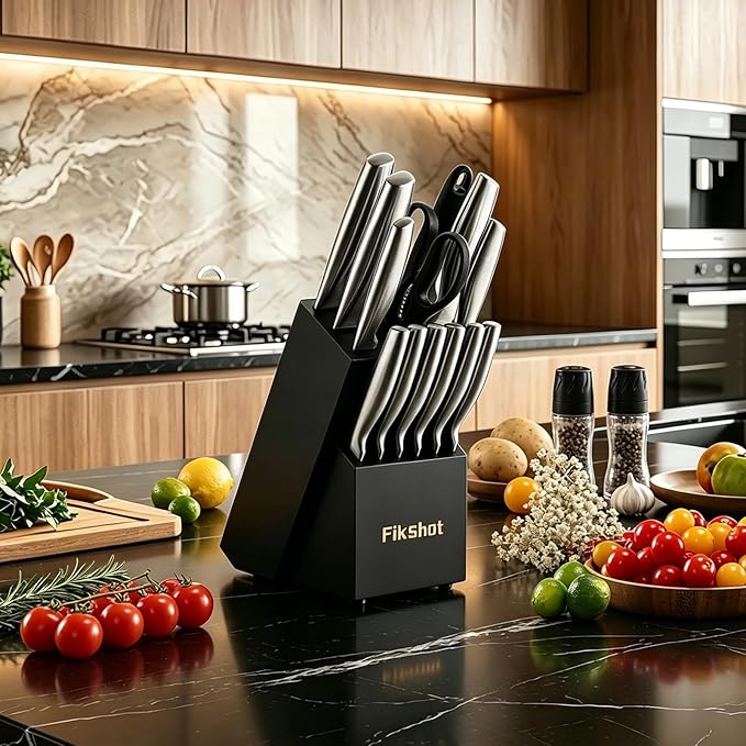 FIKSHOT Kitchen Knife Set, German Stainless Steel kitchen knives | 14-Piece Includes Knife Block Set & Sharpener, High Carbon, Rust-Resistant, Ergonomic Handle for Cooking, Grilling & Gifting