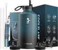 Coolflask 128 oz Gallon Water Bottle Insulated with Straw&3 Lids, Water Jug Large Stainless Steel Metal Vacuum Wide Mouth for Sports, Gym or Office, Non-BPA Keep Cold 48H Hot 24H, Samurai Cyan