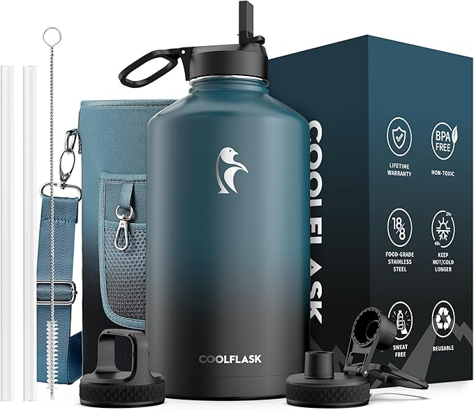 Coolflask 128 oz Gallon Water Bottle Insulated with Straw&3 Lids, Water Jug Large Stainless Steel Metal Vacuum Wide Mouth for Sports, Gym or Office, Non-BPA Keep Cold 48H Hot 24H, Samurai Cyan
